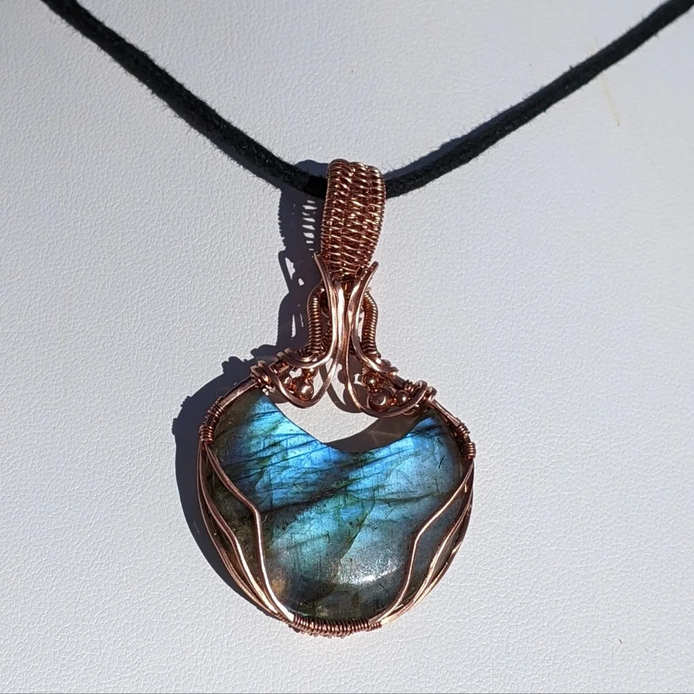 Ethereal Moon Pendant-Artisan-Blue Labradorite Gemstone-Copper Wire Wrap - Picture 17 of 17
